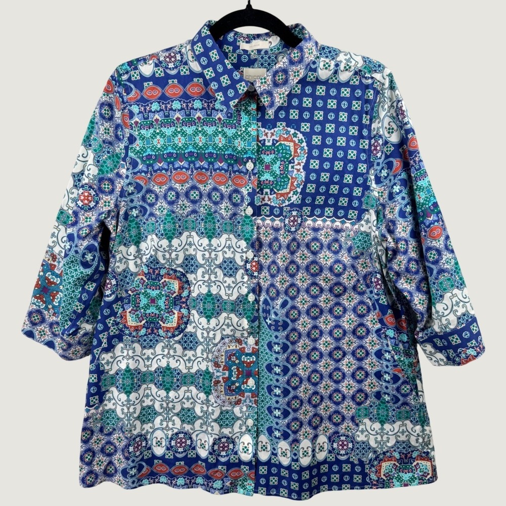 Chico's Button Down Shirt Womens Large Petite Blue Patchwork Geometric Pockets